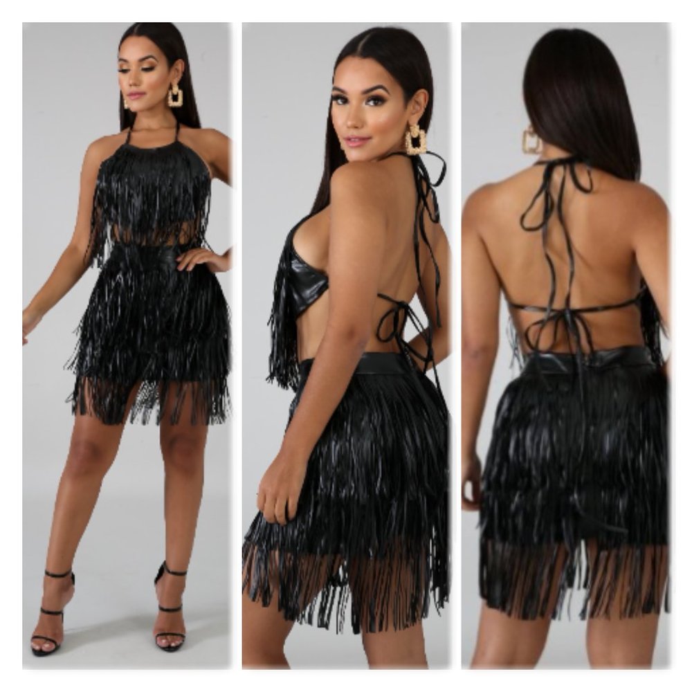 Faux Leather Fringe Skirt Set